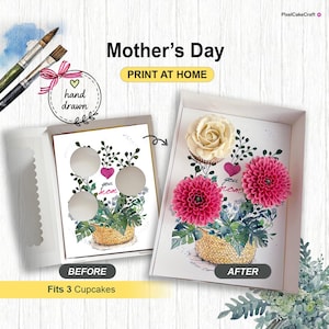 Plantilla para caja de regalo "Love U Mom", inserto para cupcakes con diseño floral para el Día de la Madre, para 3 cupcakes estándar, impresión casera DIY, idea de empaque para panadería en preventa