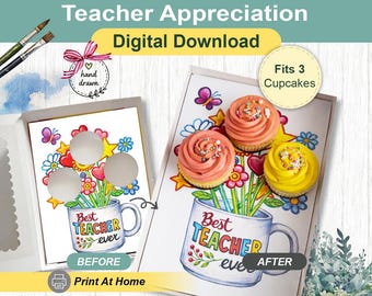 Best Teacher Ever Gift Box Template, Teacher Appreciation Cupcake Insert, Standard Size Cupcake, DIY Print At Home, Bakery Packaging Idea