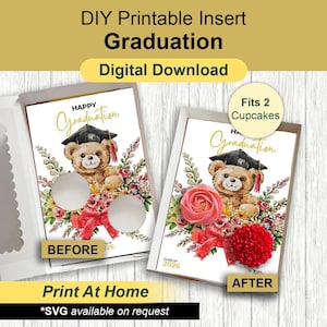 Graduation Bear Cupcake Insert Template, Class of 2026 Gift Box, For 2 Standard Cupcakes, DIY Print At Home, Presale Bakery Packaging Idea