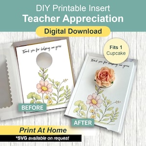 Cupcake-insats med uppskattning för lärare, presentask för att hjälpa mig växa, cupcake i standardstorlek, presentmall för gör-det-själv, förpackning för hemmetutskrift