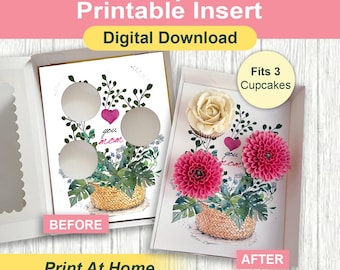 Love U Mom Cupcake Insert Template, Mother’s Day Flower Gift Box, For 3 Standard Cupcakes, DIY Print At Home, Presale Bakery Packaging Idea