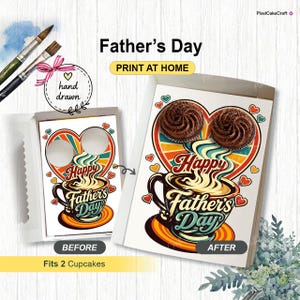 May include: A Father's Day cupcake box with a retro design. The box features a heart-shaped design with a coffee cup and the text "Happy Father's Day." The box is designed to hold two cupcakes.