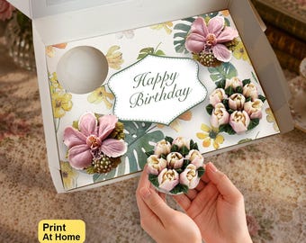 Tropical Floral Happy Birthday Cupcake Insert, Event Party Gift Box, DIY Print At Home Template, Standard Cupcakes, Presale Bakery Display