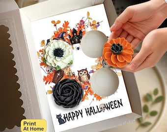 Happy Halloween Autumn Wreath Cupcake Insert, Spooky Party Event Gift Box, DIY Template for Standard Cupcakes, Presale Bakery Packaging Idea