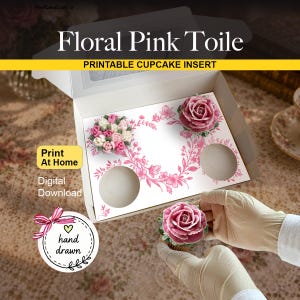 May include: A white cardboard cupcake insert featuring a pink floral toile pattern with two circular cutouts. The insert displays the text Floral Pink Toile, PRINTABLE CUPCACKE INSERT, Print At Home, Digital Download, and hand drawn.