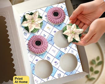 Blue Bird Pattern Cupcake Insert, Any Occasion Party Gift Box, DIY Print At Home Template, 6 Standard Cupcakes, Presale Bakery Display Idea