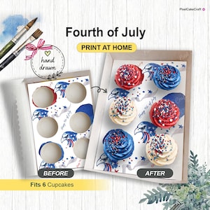 May include: A before-and-after image of a cupcake box. The "before" box is empty, while the "after" box contains six cupcakes decorated in red, white, and blue frosting. The boxes are decorated with eagle and star graphics, with the text "Fourth of July."