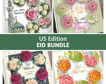 Tamaño estadounidense - Paquete de 4 insertos para cupcakes Eid Adha Mubarak, caja de regalo festiva islámica, plantilla imprimible para manualidades, idea de empaque para preventa de panadería