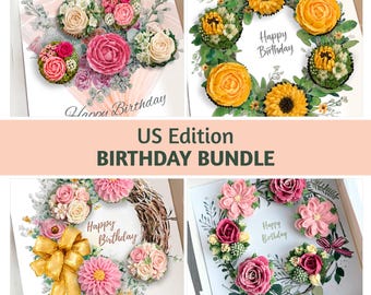 Tamaño estadounidense - Paquete de cumpleaños de 4 insertos para cajas de cupcakes, coronas y ramo de feliz cumpleaños, idea de empaque de regalo de panadería, plantilla imprimible para hacer tú mismo