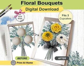 Eucalyptus 3D Ribbon Bouquet Cupcake Insert, Party Event Gift Box, DIY Print At Home, 3 Standard Cupcake Template, Presale Bakery Packaging