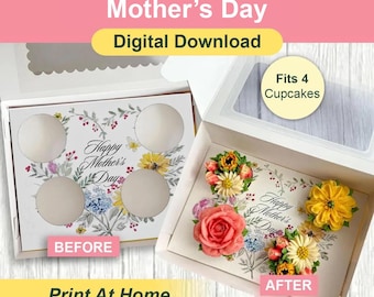 Szablon wkładki do babeczki w kształcie serca na Dzień Matki, pudełko na prezent dla mamy z motywem kwiatów, na 4 standardowe babeczki, do samodzielnego wydruku w domu, pomysł na opakowanie na wypieki w przedsprzedaży