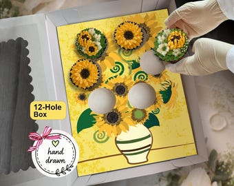 Sunflower Art Floral Vase Cupcake Insert, Event Party Gift Box, Standard Cupcakes, DIY Printable Template, Presale Bakery Packaging Idea