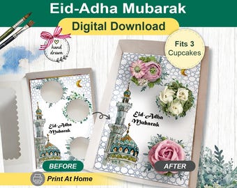 Inserto para cupcakes de la Mezquita Azul de Eid Adha, caja de regalo para celebración islámica, impresión DIY en casa, plantilla estándar para cupcakes, empaque para panadería en preventa.
