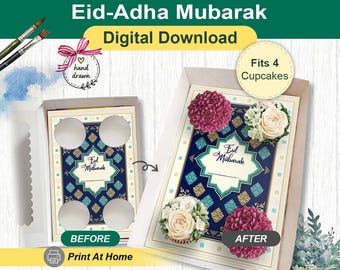 Inserto geométrico para cupcakes de Eid Adha Mubarak, caja de regalo para celebraciones, impresión casera, plantilla estándar para cupcakes, idea de empaque para panadería en preventa.