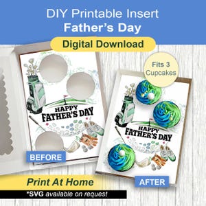 Puede incluir: Insertos imprimibles para cupcakes del Día del Padre con temática de golf. El diseño presenta ilustraciones de golf, incluyendo una bolsa de golf, pelotas y zapatos. El texto "Happy Father's Day" está visible. El inserto es para tres cupcakes. El texto "Print At Home" también es visible.