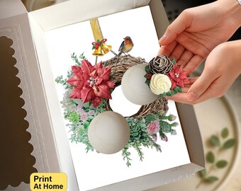 Christmas Succulent Wreath Cupcake Insert, Robin Bird Xmas Gift Box, DIY Print At Home Template, Standard Cupcakes, Presale Bakery Display