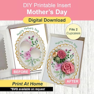 Moederdag geborduurde cupcake insteeksjabloon, liefdesmoeder geschenkdoos, voor standaard cupcakes, doe-het-zelf thuis afdrukken, voorverkoop bakkerij verpakkingsidee