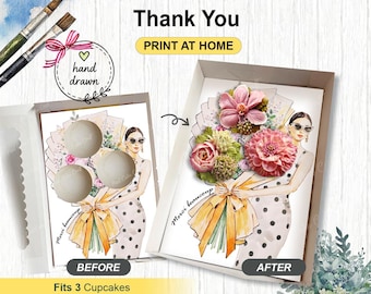 Insertion pour cupcake de remerciement en 3 langues, coffret cadeau de fête artistique tendance, modèle d'impression DIY à la maison, cupcakes standard, emballage de prévente pour boulangerie