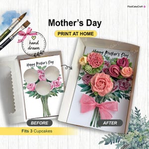 Könnte beinhalten: Eine Muttertags-Cupcake-Box mit floralem Design. Die Box enthält eine Karte mit einem Aquarell-Blumenstrauß und dem Text "Happy Mother's Day". Die Box bietet Platz für 3 Cupcakes. Das Bild zeigt eine "Vorher"- und "Nachher"-Ansicht der Cupcakes.