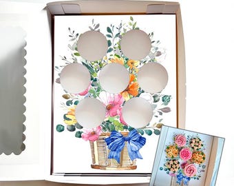 AUS - Blue Ribbon Flower Basket Cupcake Insert, Rustic Floral Gift Box Display, Edible Arrangement Bakery Packaging, DIY Printable Template