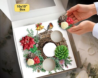 Christmas Succulent Wreath Cupcake Insert, Robin Bird Xmas Gift Box, 5 Standard Cupcakes, DIY Printable Template, Presale Bakery Packaging