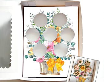 UK- Yellow Ribbon Flower Basket Cupcake Insert, Rustic Floral Gift Box Display, Edible Arrangement Bakery Packaging, DIY Printable Template