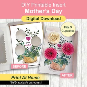 お母さん大好きギフトボックステンプレート、母の日フラワーカップケーキインサート、標準カップケーキ3個用、自宅でDIY印刷、ベーカリー向け予約販売パッケージアイデア