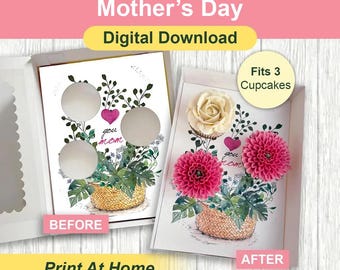 Love U Mom Cupcake Insert Template, Mother’s Day Flower Gift Box, For 3 Standard Cupcakes, DIY Print At Home, Presale Bakery Packaging Idea