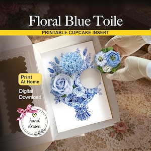 Floral Blue Toile Bouquet Cupcake Insert, Party Gift Box Collection, DIY Print At Home, Standard Cupcake Template, Presale Bakery Packaging