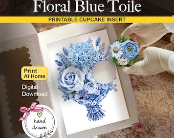 Inserto para cupcakes con ramo de flores azules estilo toile, colección de cajas de regalo para fiestas, impresión DIY en casa, plantilla estándar para cupcakes, empaques de panadería para preventa.