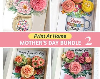 Paquete 2 para el Día de la Madre, Insertos para cupcakes para imprimir en casa, Elegante caja de regalo para cupcakes estándar, Plantilla imprimible para hacer tú mismo, Empaque de regalo para panadería