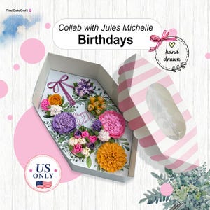 Puede incluir: Una caja decorativa con una variedad de arreglos florales de crema de mantequilla coloridos. La caja está abierta, revelando la exhibición floral, con una tapa a rayas rosas y blancas. El texto "Collab with Jules Michelle Birthays" es visible.