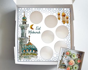 AUS size - Eid Blue Mosque Cupcake Box Insert | Printable Templates & Guide | Instant Download