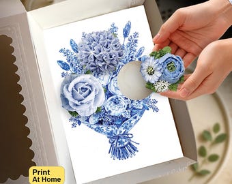 Floral Blue Toile Bouquet Cupcake Insert, Party Gift Box Collection, DIY Print At Home, Standard Cupcake Template, Presale Bakery Packaging