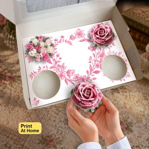 Floral Heart Pink Toile Cupcake Insert, Party Gift Box Collection, DIY Print At Home, Standard Cupcake Template, Birthday and Thank You Idea