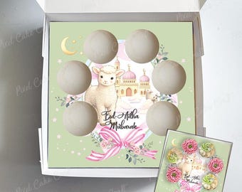 Inserto para cupcakes con diseño de oveja festiva de Eid Adha Mubarak, caja de regalo para celebración islámica, 6 cupcakes estándar, plantilla imprimible, exhibición de panadería para preventa