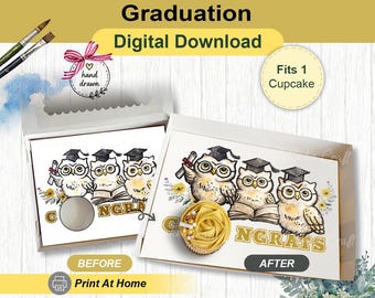 Plantilla para caja de regalo de graduación Wise Owls, inserto para cupcakes "Felicitaciones Clase de 2026", cupcakes estándar, impresión en casa, exhibición de panadería para preventa