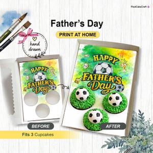 May include: A Father's Day cupcake box with a soccer theme. The box features the text "Happy Father's Day" and a soccer ball graphic. The image shows the box before and after cupcakes are added. The box fits 3 cupcakes.