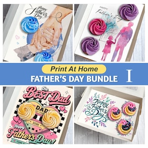 Op de afbeelding: Een Vaderdagbundel met vier verschillende ontwerpen. Elk ontwerp bevat een doos met cupcakes en een kaart. De kaarten hebben de tekst "Happy Father's Day" en "The Best Dad". De cupcakes hebben kleurrijke frosting.