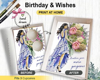 Blue Ruffle Girl Birthday & Wishes Cupcake Insert, Party Gift Box, DIY Print At Home Template, Standard Cupcakes, Presale Bakery Display