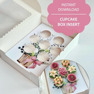 Könnte beinhalten: Weiße Cupcake-Box mit floraler Einlage. Die Einlage hat sechs kreisförmige Aussparungen und eine Aquarellillustration eines Blumenarrangements mit einer rot-weiß gestreiften Schleife. Der Text auf dem Bild lautet "SOFORT-DOWNLOAD" und "CUPCAKE BOX INSERT."