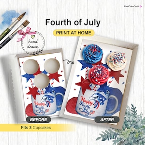 Op de afbeelding: Een voor-en-na-afbeelding van een cupcake-doos voor de vierde juli. De "voor"-afbeelding toont de doos met drie blanco cupcakes. De "na"-afbeelding toont de doos met drie cupcakes versierd in rood, wit en blauw. Tekst luidt "Fourth of July".