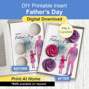 Puede incluir: Insert imprimible del Día del Padre. El diseño presenta una ilustración en acuarela de un padre y un niño, con el texto "Happy Father's Day". El inserto está diseñado para contener tres cupcakes. También se incluye el texto "Print At Home".