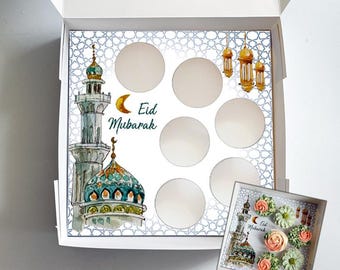 UK size - Eid Blue Mosque Cupcake Box Insert | Printable Templates & Guide | Instant Download