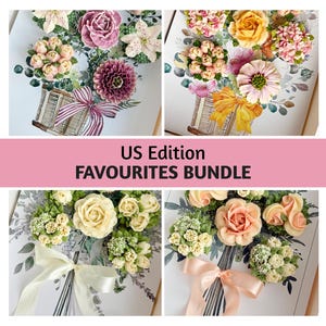 Puede incluir: Cuatro imágenes que muestran arreglos florales en un diseño de cesta. Las flores son de varios colores, incluyendo rosa, amarillo y blanco, con lazos decorativos. Se muestra el texto "US Edition FAVOURITES BUNDLE".