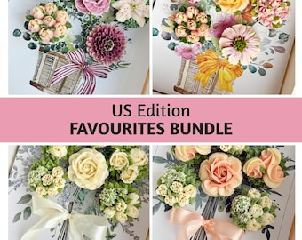 Tamaño estadounidense - Paquete de 4 favoritos, insertos para cajas de cupcakes con ramo de cinta 3D y cesta floral, idea de empaque de regalo para panadería, plantilla imprimible para hacer tú mismo