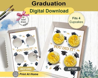 Plantilla para caja de regalo con birretes de graduación, inserto para cupcakes "Lo lograste, Clase de 2026", cupcakes estándar, impresión casera DIY, empaque para panadería en preventa