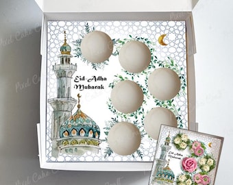Inserto para cupcakes de la Mezquita Azul de Eid Adha, caja de regalo para celebración islámica, 6 cupcakes estándar, plantilla imprimible para hacer tú mismo, idea para exhibición de panadería en preventa