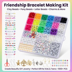 May include: Friendship bracelet making kit with colorful clay, pony, and letter beads, plus charms. Includes scissors, earring hoops, and various charms. The kit also contains over 1000 pieces to create beautiful DIY jewelry.