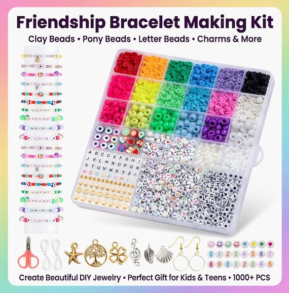 Friendship Bracelet Kit, Clay Pony Beads Jewelry Making Set with Letters, Charms DIY Gift